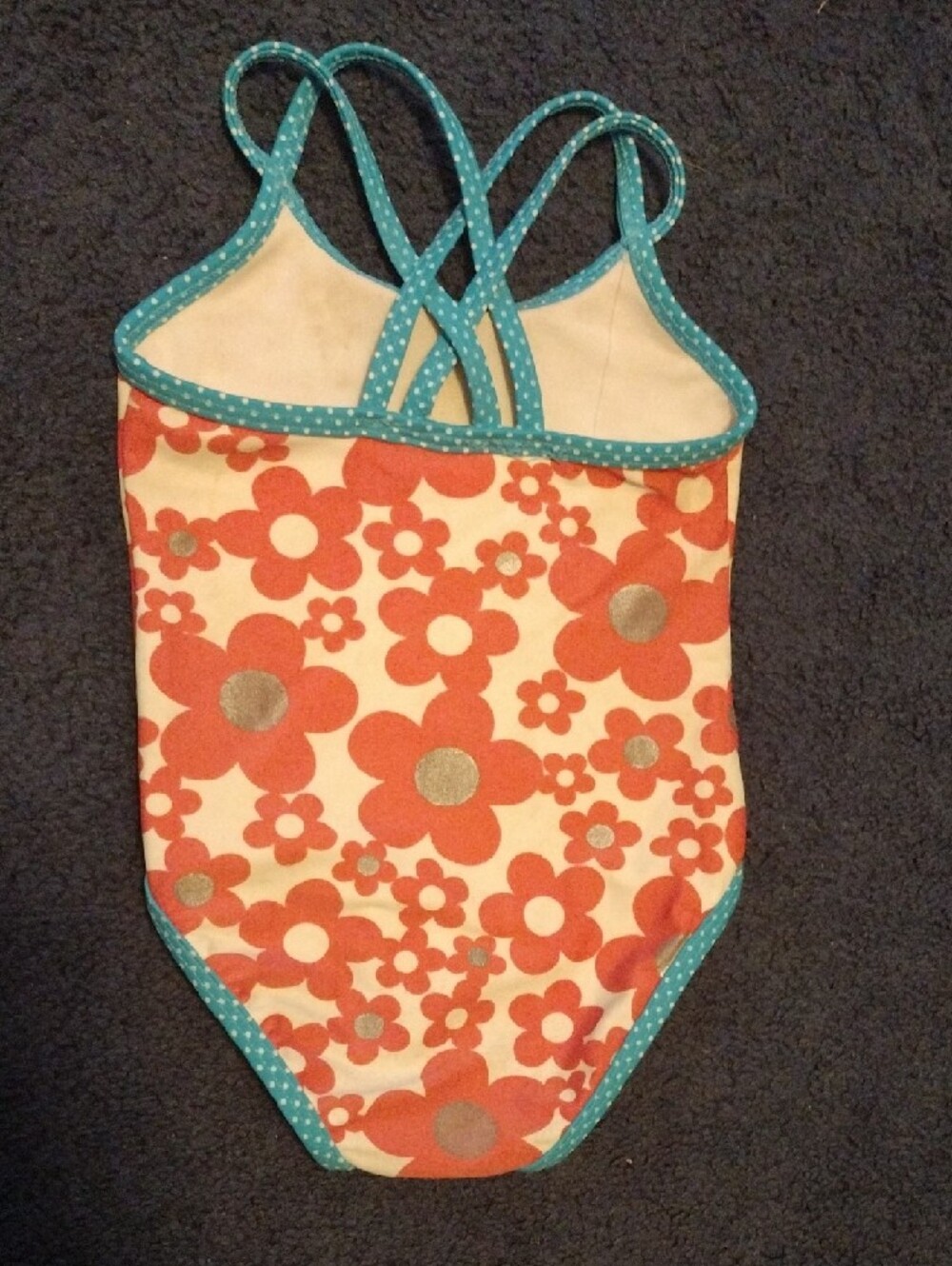 Kids Floral One-Piece Swimsuit - Pink And Silver Sparkle Flower with Blue Trim - Picture 6 of 6